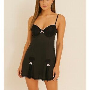 Black Slip Lace Dress Women Size M Babydoll Nightie Lingerie Chemise Cami Nightg